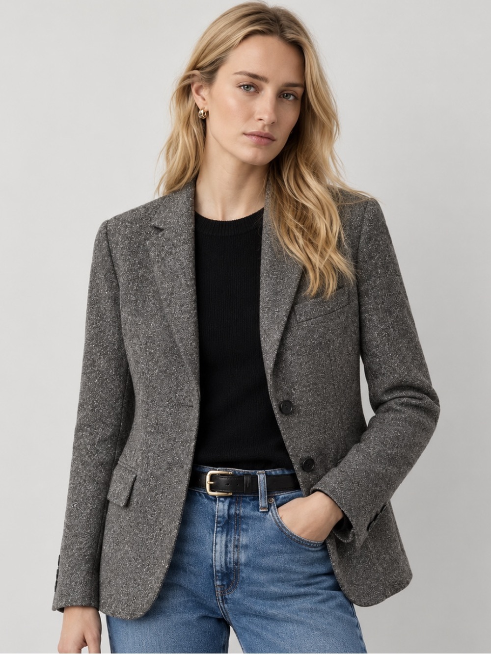 Max Mara Tailored Virgin Wool Single Breasted Blazer Black Grey Textured